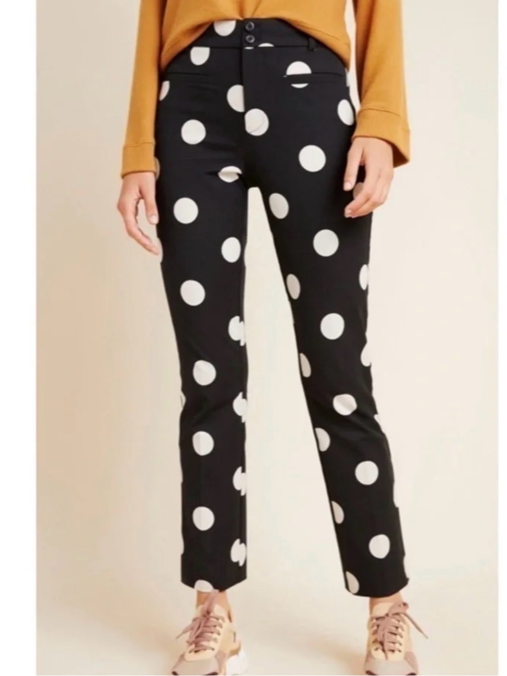 Anthropologie Retro Quirky Black Pants with White Polka Dots